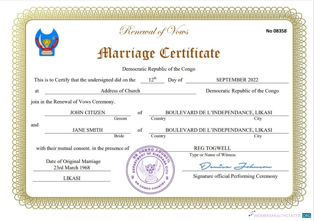 Download Democratic Republic of the Congo marriage certificate Word and PDF template Photoshop template